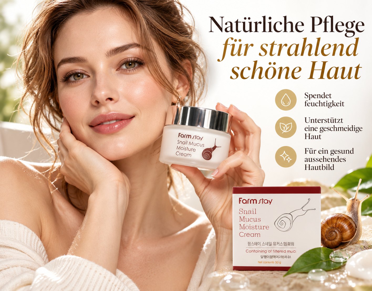 Farmstay Snail Mucus Moisture Cream 50 g – Tiegel und Verpackung, Kampagnenbild