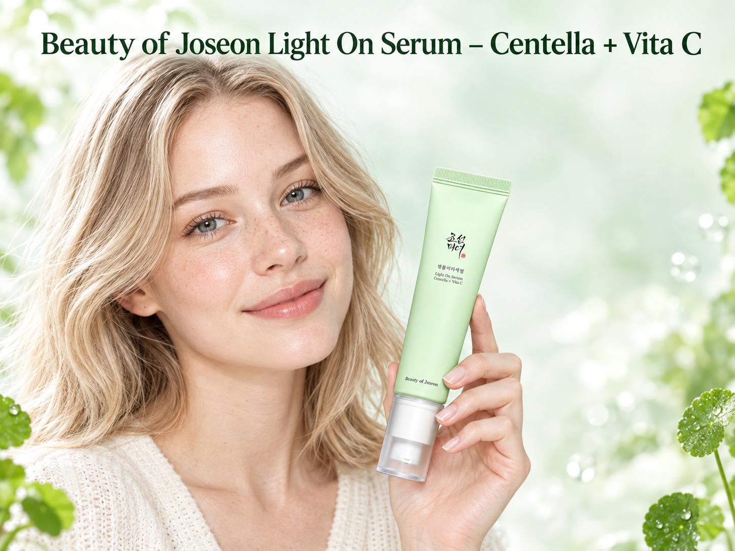 KI-generiertes Bild: Frau mit blonden Haaren hält die hellgrüne Tube des Beauty of Joseon Light On Serum Centella + Vita C, im Hintergrund Centella-Blätter