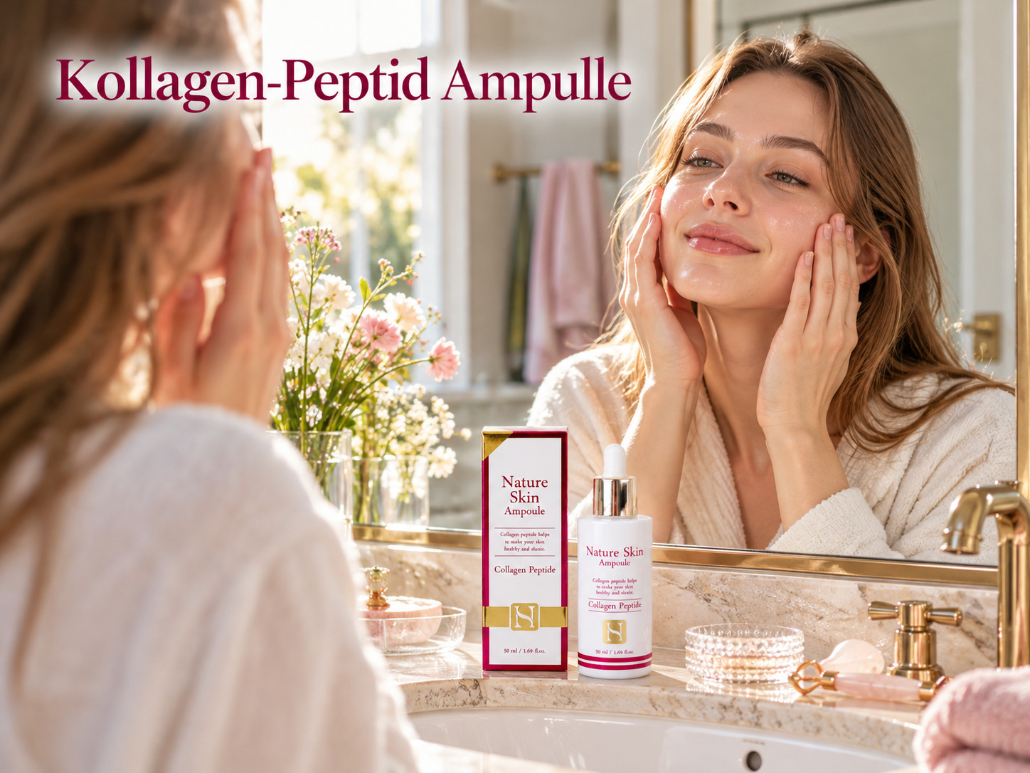 KI-generiertes Bild: Frau im Bademantel vor dem Badezimmerspiegel, auf dem Waschtisch Flasche und Verpackung der Foodaholic Nature Skin Ampoule Collagen Peptide 50 ml